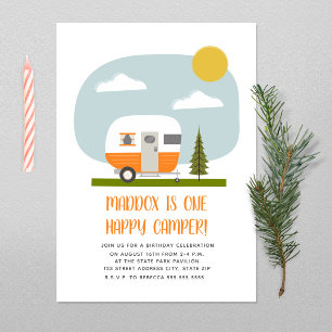One Happy Camper Orange Trailer Birthday Invitation