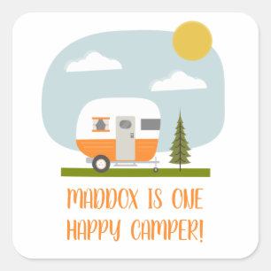 One Happy Camper Orange Trailer Birthday Square Sticker