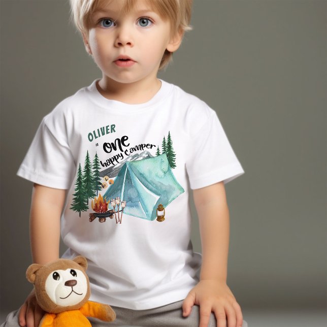 One Happy Camper Personalised 1st Birthday Baby T-Shirt (One happy camper first birthday t-shirt)