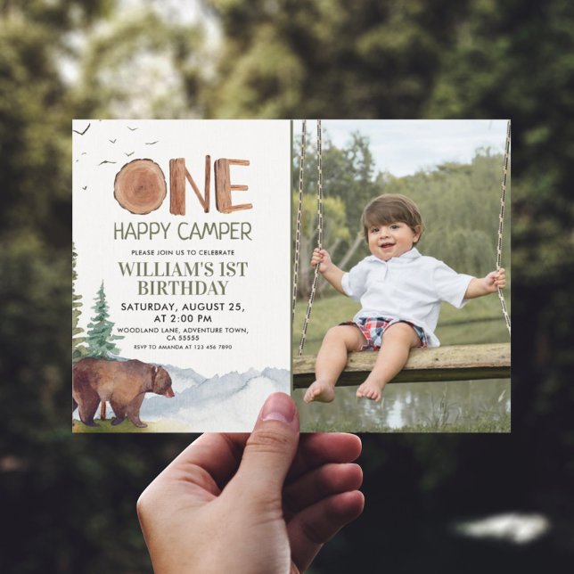 One Happy Camper Photo Bear Boys 1st Birthday Invitation (Creator Uploaded)