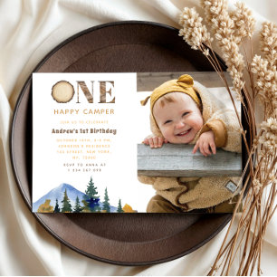 One Happy Camper Photo Boy's 1st Birthday Forest Invitation