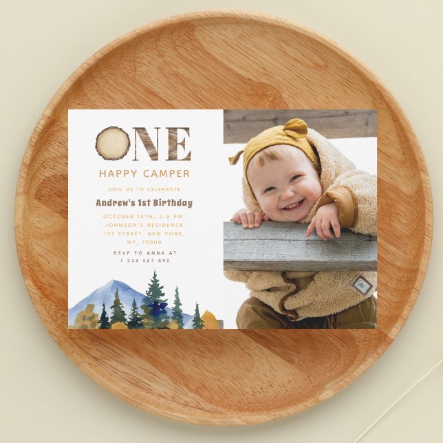 One Happy Camper Photo Boy's 1st Birthday Forest Invitation (Creator Uploaded)