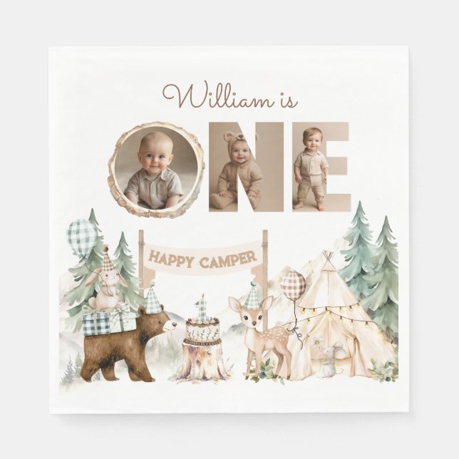 One Happy Camper Photo First Birthday Napkin (Front)