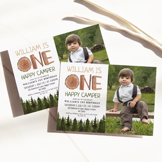 One Happy Camper Photo Rustic Boys 1st Birthday  Invitation (Creator Uploaded)
