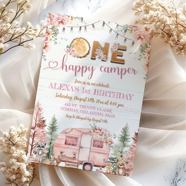 One Happy Camper Pink Rustic Girl Birthday Invitation (Creator Uploaded)