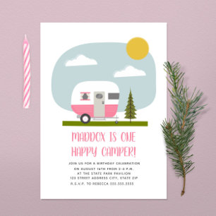One Happy Camper Pink Trailer Birthday Invitation