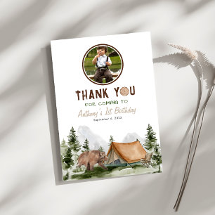One Happy Camper Rustic Bear Birthday Photo Thank You Card