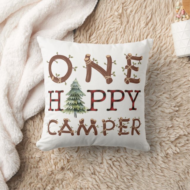 One Happy Camper Rustic Cosy Outdoor Throw Pillow (Blanket)