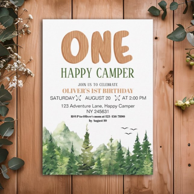 One Happy Camper Rustic Green Forest 1st Birthday Invitation (Creator Uploaded)