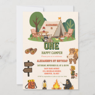 One Happy Camper safari Woodland 1st birthday Invitation