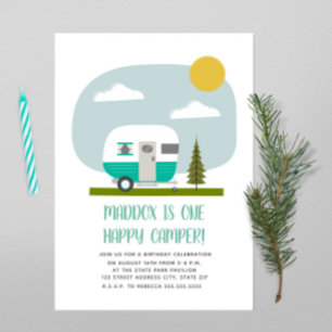 One Happy Camper Turquoise Trailer Birthday Invitation