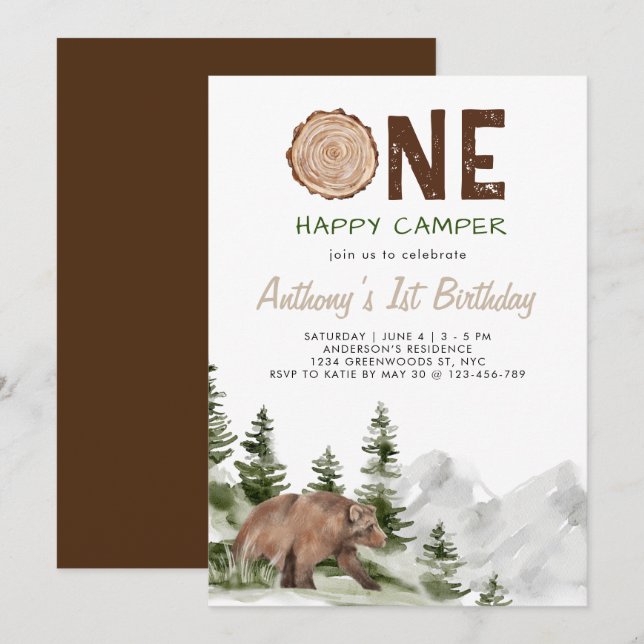 One Happy Camper Watercolor Bear 1st Birthday Boy Invitation (Front/Back)