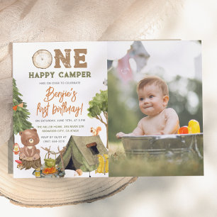 One Happy Camper Wood Bear Photo Boys 1st Birthday Invitation