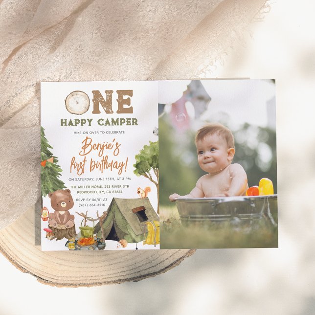 One Happy Camper Wood Bear Photo Boys 1st Birthday Invitation (Creator Uploaded)