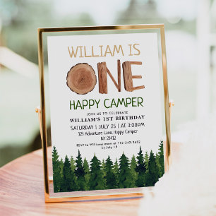 One Happy Camper Wood Boys 1st Birthday Invitation