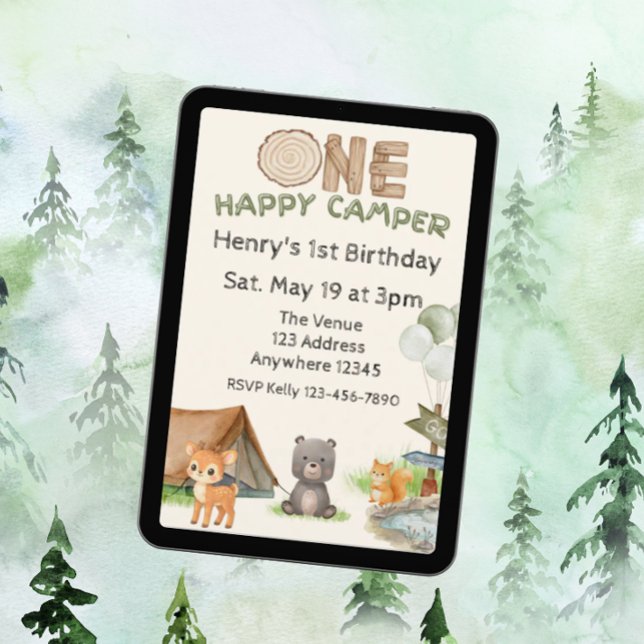 One Happy Camper Wood Watercolor Animal Birthday Invitation (Creator Uploaded)