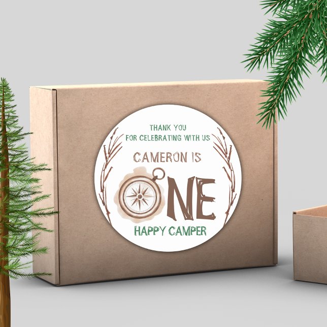 One Happy Camper Woodland 1st Birthday  Classic Round Sticker (Creator Uploaded)