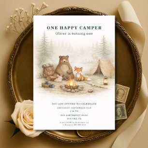 One Happy Camper Woodland Animals 1st Birthday Invitation