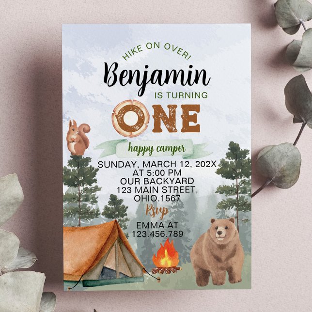 One Happy Camper Woodland Bear 1st Birthday Invitation (Creator Uploaded)