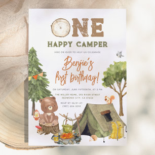 One Happy Camper Woodland Bear Boys 1st Birthday Invitation