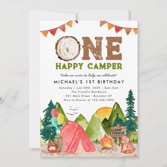 One Happy Camper Woodland Bear Boys 1st Birthday Invitation (Front)