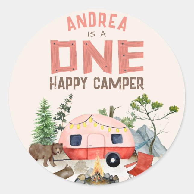 One Happy Camper Woodland Girls 1st Birthday Pink  Classic Round Sticker (Front)