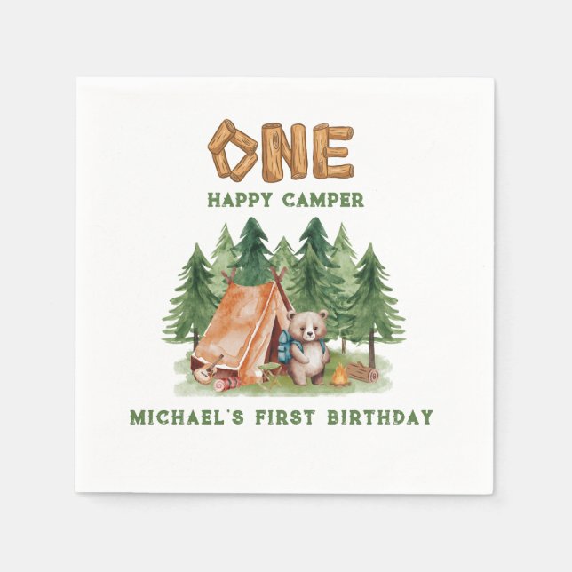 One Happy Camper Woodland Watercolor 1st Birthday Napkin (Front)