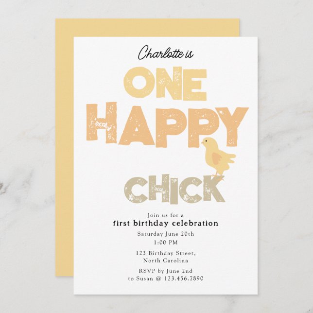 One Happy Chick Invite 1st Baby Chicken Birthday (Front/Back)