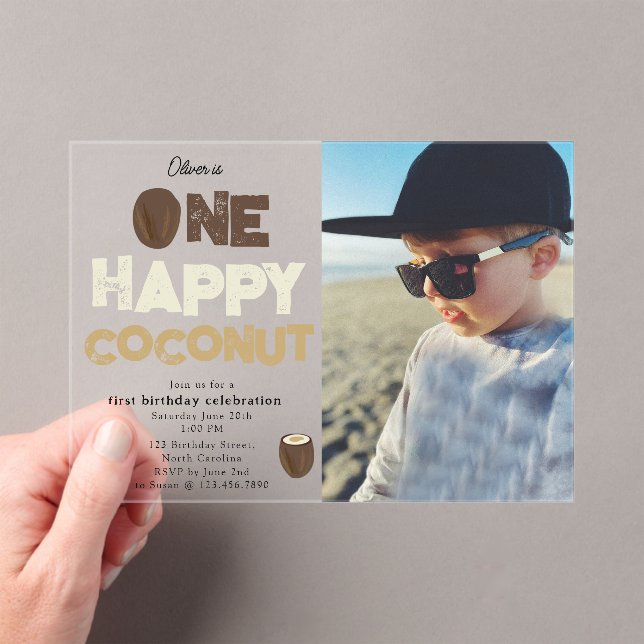 One Happy Coconut 1st Summer Birthday Photo Acrylic Invitations (Insitu (Handheld))