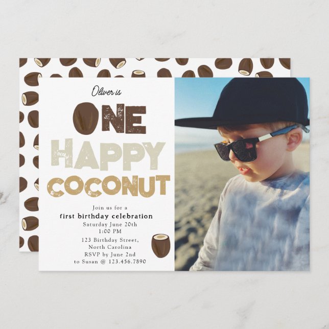 One Happy Coconut 1st Summer Birthday Photo Invitation (Front/Back)