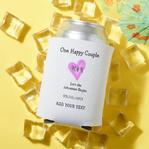 ONE HAPPY COUPLE PINK HEART WEDDING NAME DATE CAN COOLER