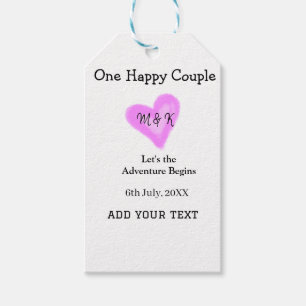 ONE HAPPY COUPLE PINK HEART WEDDING NAME DATE GIFT TAGS