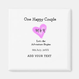 ONE HAPPY COUPLE PINK HEART WEDDING NAME DATE MAGNET