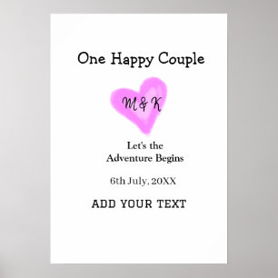 ONE HAPPY COUPLE PINK HEART WEDDING NAME DATE POSTER