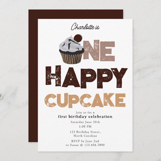 One Happy Cupcake Invite 1st First Birthday Cute (Front/Back)