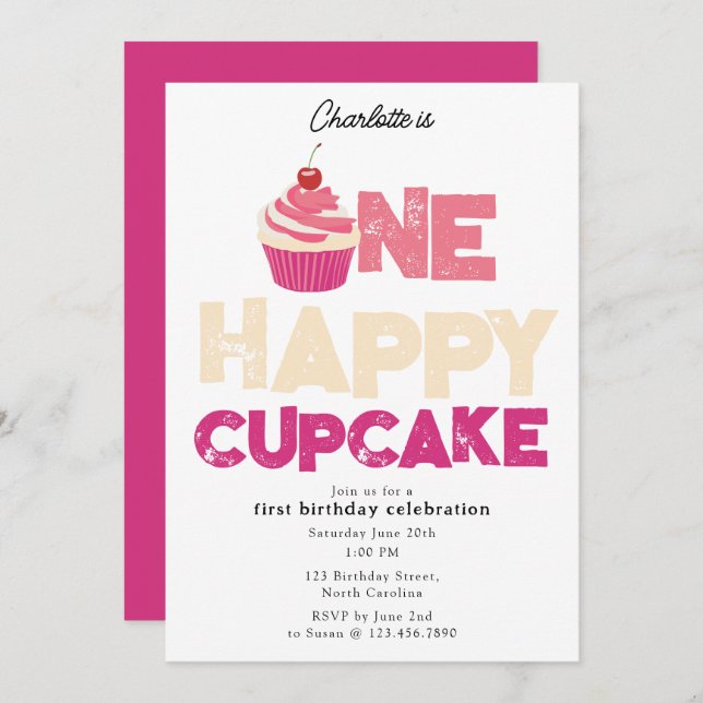 One Happy Cupcake Invite 1st First Birthday Cute (Front/Back)