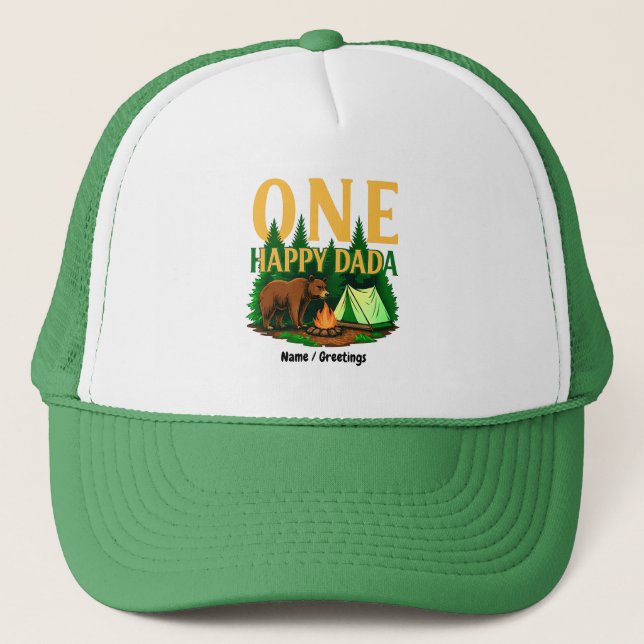 One Happy Dada First Birthday Bear Camping Funny Trucker Hat (Front)