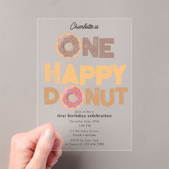 One Happy Donut Invite 1st  First Birthday Cute Acrylic Invitations (Insitu (Handheld))