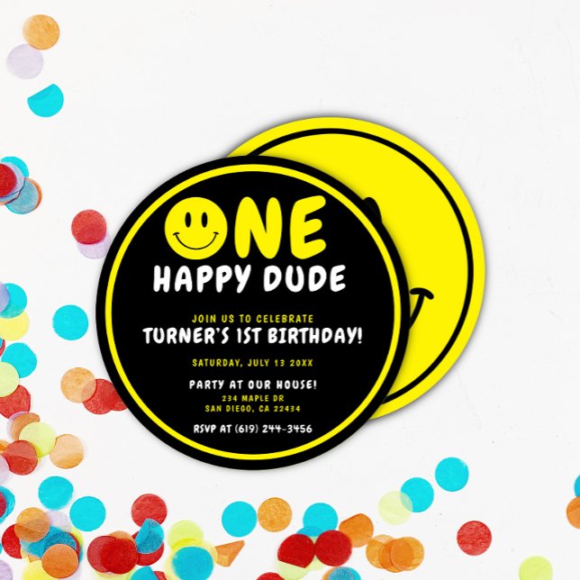 One Happy Dude 1st Birthday Black/Yellow Smiley Invitation (Creator Uploaded)