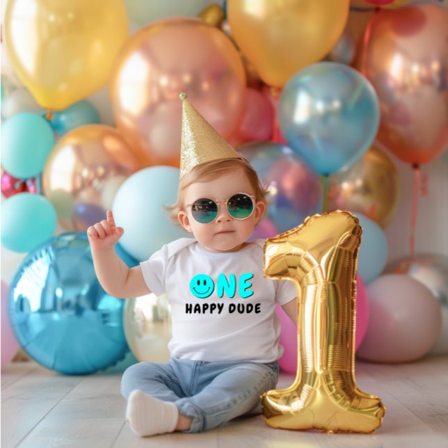 One Happy Dude 1st Birthday Blue Smiley Baby Bodysuit (Creator Uploaded)