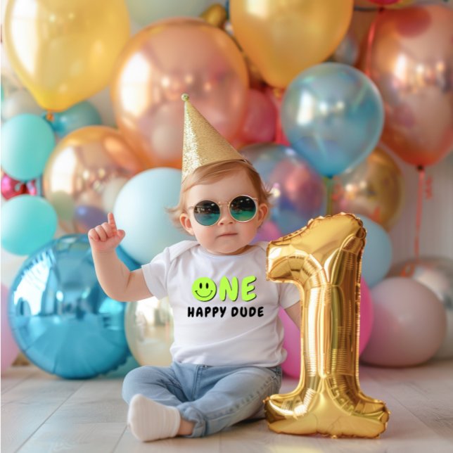 One Happy Dude 1st Birthday Green Smiley Baby Bodysuit (Creator Uploaded)