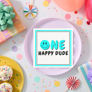 One Happy Dude 1st Birthday Party Blue Smiley Napkin
