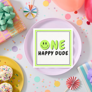 One Happy Dude 1st Birthday Party Green Smiley Napkin
