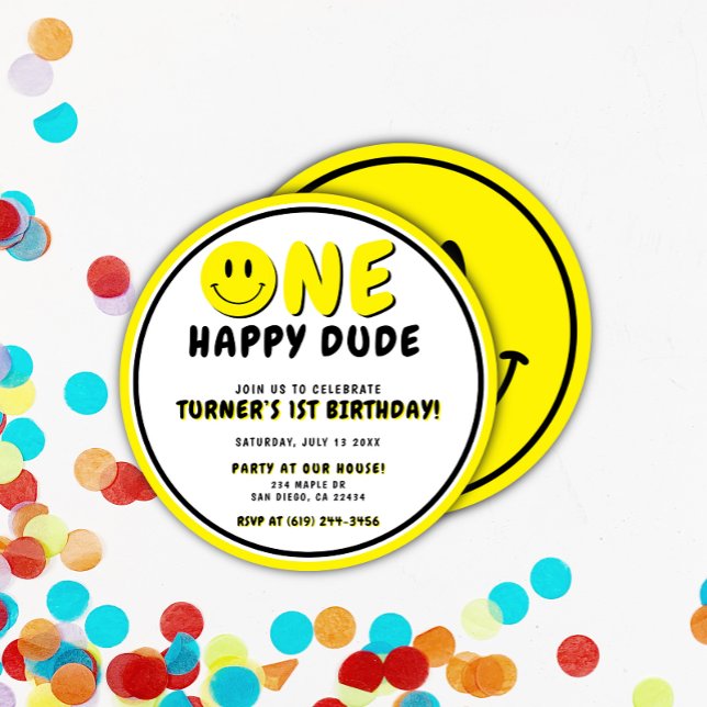 One Happy Dude 1st Birthday Smiley Face Invitation (Creator Uploaded)