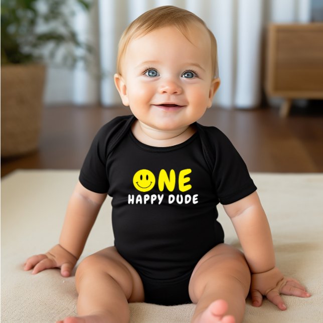 One Happy Dude 1st Birthday Yellow Smiley Baby Bodysuit (Creator Uploaded)