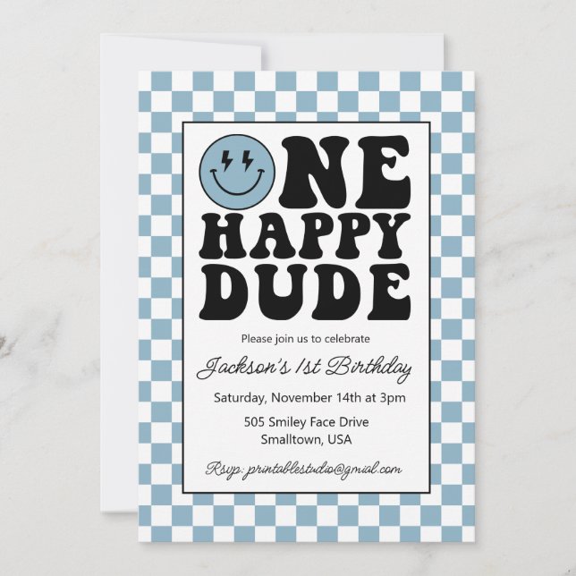 One Happy Dude Birthday Invitation in Blue (Front)