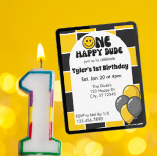 One Happy Dude, Black & Yellow 1st Birthday Invitation