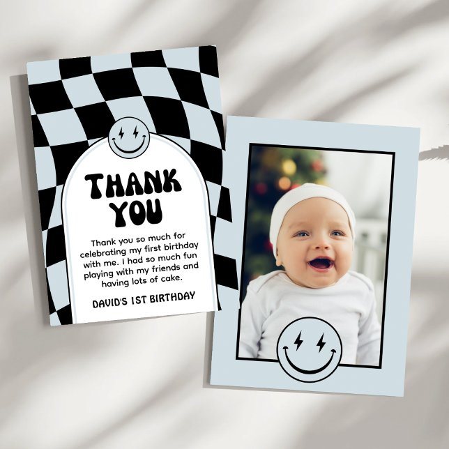 One Happy Dude Blue Check Photo Birthday  Thank You Card (Creator Uploaded)