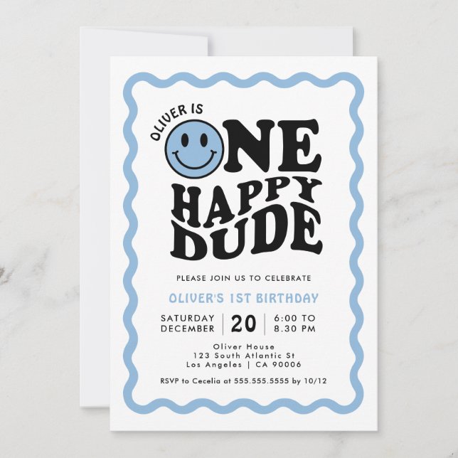 One Happy Dude Blue Happy Face Boy 1st Birthday Invitation (Front)