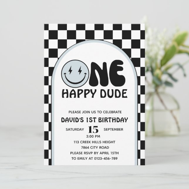 One Happy Dude Blue Happy Face Boy Birthday Invitation (Standing Front)